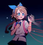  blue_eyes blue_ribbon glowing hand_on_own_chest haru_(yomawari) holding_hands pleated_skirt red_string ribbon scared school_uniform short_sleeves skirt spoilers string tears transparent wuliu_heihuo yomawari yomawari:_midnight_shadows 