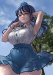  1girl absurdres armpits blue_hair blue_skirt blue_sky blurry blurry_background breasts buttons commentary_request cowboy_shot day diamond_button expressionless gonglijeongli hat highres iizunamaru_megumu large_breasts long_hair looking_at_viewer outdoors parted_lips pointy_ears red_eyes shirt skirt sky sleeveless sleeveless_shirt solo tented_shirt tokin_hat touhou tree 