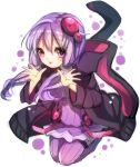  1girl animal_ears animal_hood black_jacket blush check_commentary commentary commentary_request dress floating full_body hair_between_eyes hair_ornament hands_up highres hood jacket long_hair long_sleeves looking_at_viewer negimapurinn open_hands open_mouth purple_dress purple_eyes purple_hair purple_thighhighs rabbit_ears ribbed_dress short_hair short_hair_with_long_locks sidelocks simple_background solo thighhighs tongue tongue_out vocaloid white_background yuzuki_yukari 