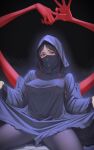  1girl black_hair black_robe breasts commentary_request covered_nipples fate/strange_fake fate_(series) highres hooded_robe large_breasts looking_at_viewer medium_hair mouth_veil nmi no_name_assassin_(fate) parted_bangs penetration_gesture red_eyes robe solo thighs veil zabaniya_(fate) 