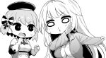  2girls alberto_di_giussano_(azur_lane) azur_lane azur_lane:_slow_ahead beret breasts chibi chibi_only collared_shirt commentary_request gloves greyscale hat hori_(hori_no_su) large_breasts long_hair long_sleeves medium_breasts monochrome multiple_girls parted_lips partially_unbuttoned shirt short_hair simple_background sweatdrop very_long_hair white_background z23_(azur_lane) 
