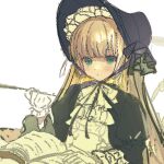  1girl black_bonnet black_bow black_bowtie black_dress blonde_hair blunt_bangs blush_stickers bonnet book bow bowtie commentary dress frilled_hat frilled_necktie frilled_sleeves frills gloves gosick green_eyes hat holding holding_paper holding_smoking_pipe lolita_fashion long_hair looking_at_viewer mallrn paper pixelated puffy_sleeves smoking_pipe solo two-tone_dress victorica_de_blois white_background white_gloves 