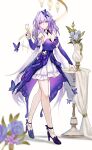  1girl absurdres alcohol castorice_(gossamer_flutter)_(honkai:_star_rail) castorice_(honkai:_star_rail) champagne champagne_flute commentary_request cup dress drinking_glass full_body high_heels highres holding holding_cup honkai:_star_rail honkai_(series) isome looking_at_viewer official_alternate_costume purple_dress purple_eyes purple_hair purple_shoes shoes solo 