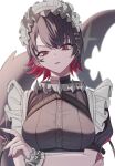  1girl absurdres apron black_hair black_shirt colored_inner_hair commentary_request crossed_arms earclip ellen_joe fins fish_tail frilled_wrist_cuffs frilled_wristband frills hairband head_tilt highres large_tail looking_at_viewer maid maid_apron maid_headdress metal_hairband mole mole_under_eye multicolored_hair open_mouth puffy_short_sleeves puffy_sleeves red_eyes red_hair red_nails shark_girl shark_tail shirt short_hair short_sleeves slit_pupils solo tail tail_raised upper_body wrist_cuffs wristband zabu_rou zenless_zone_zero 