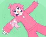  1girl antenna_hair chiccha_na_watashi_(synthesizer_v) commentary_request creature grass highres jacket kasane_teto lying negitoro_(ntlrjqsolnlijmr) nose_bubble on_back open_mouth outstretched_arms pants pink_hair pink_jacket pink_pants short_hair sleeping solid_oval_eyes synthesizer_v utau zipper 