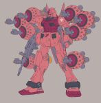  absurdres beam_cannon beam_rifle bit_(gundam) color_variation commentary_request derivative_work energy_gun grey_background gundam gundam_gquuuuuux highres hizumi_ms holding holding_weapon mecha mecha_focus mobile_suit no_humans original purple_eyes red_gundam redesign robot science_fiction solo v-fin weapon zeon 