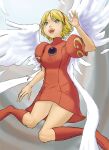  1girl angel_wings arms_up bare_legs blonde_hair blue_eyes boots breasts breath_of_fire breath_of_fire_iii brooch check_commentary commentary commentary_request dress falling feathered_wings floating full_body gem green_eyes hairband jewelry jonsun looking_up nina_(breath_of_fire_iii) open_mouth puffy_short_sleeves puffy_sleeves red_dress short_dress short_hair short_sleeves smile solo white_wings wing_clan_(breath_of_fire) wings 