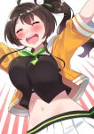  ahoge alternate_breast_size arms_at_sides breasts brown_hair closed_eyes commentary_request hair_ribbon hololive midriff natsuiro_matsuri navel open_mouth ribbon side_ponytail simple_background solo tonari_no_kai_keruberosu white_background 