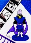  1boy belt black_eyes black_fur blue_background blue_pants blue_tunic boots cape capsule_helmet chimpanzee colored_sclera colored_skin commentary english_commentary facing_viewer feel-the-fire film_strip full_body gloves green_skin helmet highres male_focus marker_(medium) mojo_jojo multiple_expressions pants pink_sclera powerpuff_girls purple_cape signature sleeveless standing traditional_media tunic white_background white_belt white_boots white_gloves 