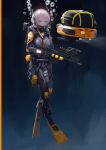  air_bubble backpack bag blue_eyes bubble commentary_request diving_helmet eyebrows_visible_through_hair gun harpoon helmet highres kasagarasu original rifle scuba scuba_gear swimming trigger_discipline underwater weapon white_hair 