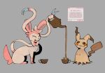  :d animal_focus bow closed_eyes commentary drawn_eyes english_commentary fang full_body grey_background looking_at_another mimikyu no_humans open_mouth pink_fur pokemon pokemon_(creature) pokemon_focus ribbon simple_background sitting smile sunnydr0pdraws sylveon teapot two-tone_fur white_fur 