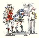  1boy 2girls alternate_hair_color animal_ears armband armpits arms_behind_head arms_up behind_another blue_hair boots closed_mouth commentary_request dress full_body gloom_(expression) gloves gold_ship_(red_strife)_(umamusume) gold_ship_(umamusume) grey_hair grin hands_on_own_head hat height_difference highres holding holding_notepad horse_ears horse_girl horse_tail jacket leggings legs_apart light_smile long_hair long_sleeves looking_at_another looking_at_object mejiro_mcqueen_(frontline_elegance)_(umamusume) mejiro_mcqueen_(umamusume) morisshii_(morishiey) multiple_girls notepad open_mouth pants pillbox_hat prank red_dress scale_prank shirt shoes short_dress short_hair skirt sleeveless sleeveless_dress smile standing striped_armband striped_clothes tail trainer_(umamusume) turn_pale umamusume v-shaped_eyebrows very_long_hair vest weighing_scale weight_conscious white_leggings yellow_shirt 