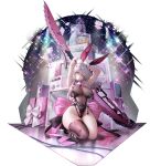  1girl absurdres animal_ears arms_behind_head artist_request back_bow black_leotard black_shoes bow bowtie breasts card daiblos_core green_eyes hair_ornament highres kneeling large_breasts leotard long_hair naglering_(daiblos_core) pink_bow pink_bowtie playing_card pom_pom_(clothes) rabbit_ears rabbit_hair_ornament shoes single_thighhigh solo thighhighs weapon white_bow 