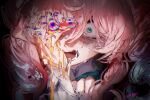  1girl aqua_hair aquila_(honkai:_star_rail) artist_name close-up collar commentary crying drill_hair glitch glitch_art green_eyes hair_between_eyes hand_up heterochromia highres honkai:_star_rail honkai_(series) hyacine_(honkai:_star_rail) long_sleeves multicolored_eyes nyeppu open_mouth pink_hair solo streaming_tears tears teeth upper_body white_sleeves yellow_blood 