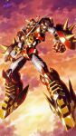  1970s_(style) babamba circular_saw drill flying gasshin_sentai_mechander_robo glowing glowing_eyes highres mecha mecha_focus mechander_robo no_humans retro_artstyle robot saw science_fiction shield solo spikes super_robot weapon 