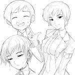  1girl breasts closed_mouth collared_shirt commentary gesture greyscale half-closed_eyes highres light_smile medium_breasts monochrome multiple_expressions multiple_views necktie open_mouth optaku shirt short_hair simple_background suit sweat sweatdrop umineko_no_naku_koro_ni ushiromiya_kyrie wet white_background 