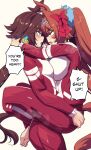  2girls absurdres animal_ears arms_around_neck asymmetrical_docking barefoot blush breast_press breasts brown_hair commentary daiwa_scarlet_(umamusume) english_text fang hand_on_another's_ass highres hinghoi horse_ears horse_girl horse_tail jacket large_breasts leg_lock lifting_person long_hair looking_at_another medium_breasts multiple_girls open_mouth pants red_jacket red_pants red_track_suit simple_background speech_bubble standing_leg_lock tail tiara tracen_training_uniform track_jacket track_pants track_suit twintails umamusume vodka_(umamusume) white_background yuri 
