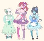  1boy 1girl 1other alternate_breast_size_(larger) alternate_costume alternate_hairstyle animal_ears antenna_hair aqua-framed_eyewear aqua_eyes aqua_flower aqua_gloves asymmetrical_footwear asymmetrical_legwear bare_shoulders black_gloves black_necktie black_shoes blue_bow blue_capelet blue_corset blue_dress blue_skin blue_socks blush boots bow bowtie breasts brown_hair capelet cat_ears cat_tail cleavage clenched_hand colored_sclera colored_skin commentary_request corset crossdressing crossdressing_(mtf) deltarune dress fake_animal_ears fang flower flying_sweatdrops freckles frilled_capelet frilled_dress frilled_thigh_strap frills full_body fur-trimmed_boots fur_trim furry furry_female furry_male glass gloves goat_boy goat_ears goat_horns green_boots green_bow green_dress green_ribbon green_sailor_collar hair_bow hair_ribbon hairband hand_up height_difference highres horns juliet_sleeves kemonomimi_mode komugiko_(bitte_komu) kris_(dark_world)_(deltarune) kris_(deltarune) large_breasts long_sleeves looking_at_viewer male_focus mismatched_footwear multicolored_hair necktie off-shoulder_dress off_shoulder open_mouth other_focus pink_boots pink_ribbon pink_skin pink_streaks pink_trim plaid_capelet plaid_clothes polka_dot polka_dot_ribbon ponytail puffy_short_sleeves puffy_sleeves purple_boots purple_bow purple_dress purple_eyes ralsei red_bow red_bowtie reptile_girl ribbon ribbon-trimmed_dress ribbon_trim sailor_collar shaded_face shoes short_hair short_sleeves sideways_mouth simple_background skin_fang snout socks standing streaked_hair susie_(dark_world)_(deltarune) susie_(deltarune) sweatdrop swept_bangs tail thigh_strap trap utdr_(toby_fox) white_gloves yellow_background yellow_hairband yellow_sclera 