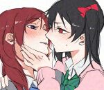  2girls adversarial_noise black_hair bow bowtie collared_shirt commentary green_bow green_bowtie hair_bow hand_on_another's_shoulder highres long_hair love_live! love_live!_school_idol_project medium_hair multiple_girls nishikino_maki otonokizaka_school_uniform pink_sweater purple_eyes red_bow red_eyes red_hair school_uniform shirt simple_background surfacedxxc sweater twintails white_background white_shirt yazawa_nico yuri 