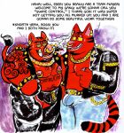anthro billy_fore bulge chain cigarette clothing colored dialogue domestic_cat domestic_pig duo ear_piercing facial_piercing felid feline felis fur gold_(metal) gold_chain hi_res hypnosis leather leather_clothing male male/male mammal marco_the_cat mind_control nipple_piercing nipples nose_piercing overweight overweight_male piercing red_body red_fur septum_piercing suid suine sus_(pig) tattoo tusk_ring tusks