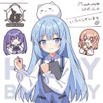 >:) 3girls :d =_= angora_rabbit animal_on_head birthday birthday_cake blue_vest blunt_bangs blush blush_stickers cake chibi chibi_inset closed_eyes closed_mouth collared_shirt commentary_request confetti cropped_torso dated flower food gochuumon_wa_usagi_desu_ka? hair_between_eyes hair_flower hair_ornament hairclip hand_on_own_hip hand_up hands_up happy_birthday heart highres holding holding_party_popper holding_pen hoto_cocoa kafuu_chino kk0220 long_hair long_sleeves medium_hair multiple_girls on_head open_mouth orange_hair party_popper pen pink_flower pink_vest purple_eyes purple_hair purple_vest rabbit rabbit_house_uniform rabbit_on_head shirt sidelocks signature simple_background smile smug solo_focus straight_hair tedeza_rize tippy_(gochiusa) twintails upper_body v-shaped_eyebrows very_long_hair vest waitress white_background white_shirt x_hair_ornament 