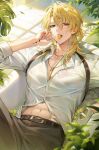  1boy absurdres alternate_costume bishounen blonde_hair brown_pants candy chain collarbone food food_in_mouth gloves hair_between_eyes highres holding holding_candy holding_food holding_lollipop in_bathtub indoors jewelry lollipop lollipop_in_mouth long_hair looking_at_viewer luuk_herssen_(wuthering_waves) male_focus missing_commentary multicolored_hair navel necklace pants partially_unbuttoned red_eyes shirt single_glove solo streaked_hair tacet_mark_(wuthering_waves) toned toned_male wet wet_clothes wet_shirt white_gloves white_shirt wuthering_waves zani_journey 