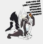 2023 4_toes 5_fingers accessory angry anthro barefoot big_butt biped black_body black_bra black_clothing black_ears black_fur black_nose black_pawpads black_tail black_text black_underwear blue_clothing blue_dress blue_eyes bodily_fluids bra bra_strap breasts brown_hair_tie butt canid canine chicken_meat claws cleavage clenched_teeth clothed clothed_anthro clothed_female clothing dialogue dress drooling drumstick_(food) duo eastern_spotted_skunk english_text eyebrows eyewear fangs feet female female_anthro finger_claws fingers fluffy fluffy_tail food fox fur glasses green_eyes hair hair_accessory hair_tie head_grab head_turned hi_res holding_food holding_object hot_sauce hybrid lichee looking_down looking_down_at_another looking_up lying mammal meat mephitid multicolored_body multicolored_clothing multicolored_dress multicolored_ears multicolored_fur nude nude_anthro nude_female on_front one_eye_closed pawpads pepper_(lichee) pinned pinned_to_ground plantigrade ponytail profanity pupils raised_arm raised_tail reaching salem_(lichee) saliva short_hair signature simple_background sitting sitting_on_another skunk small_breasts snout spotted_skunk straddling tail talking_to_another teeth text toes two_tone_body two_tone_clothing two_tone_dress two_tone_ears two_tone_fur two_tone_tail underwear whiskers white_background white_body white_claws white_clothing white_dress white_ears white_eyebrows white_fur white_hair white_pupils white_tail white_whiskers yelling