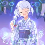  1girl :d beamed_eighth_notes chimecho colored_inner_hair commission facing_viewer floral_print floral_print_kimono grey_hair highres japanese_clothes kimono maskmaya1 multicolored_hair musical_note night outdoors pokemon pokemon_(creature) print_kimono purple_hair purple_kimono short_hair skeb_commission smile standing treble_clef virtual_youtuber wide_sleeves wind_chime yukata 