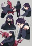  1boy absurdres antenna_hair arm_up black_hoodie black_mask black_pants clenched_hand corbeau_(pokemon) grey_background headbutt highres hood hood_down hood_up hoodie mask mouth_mask multiple_views nyoripoke open_mouth outstretched_arm pants pokemon pokemon_(creature) pokemon_legends:_z-a purple_hair purple_hoodie scolipede short_hair sitting translation_request two-sided_hoodie yellow_eyes zipper_pull_tab 