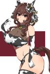  1girl absurdres animal_ears animal_print bare_shoulders blush breasts brown_hair closed_mouth commentary_request cow_print cow_print_gloves cow_print_panties cow_print_thighhighs elbow_gloves gentildonna_(umamusume) gloves hair_ornament hand_up highres horse_ears horse_girl horse_tail large_breasts looking_at_viewer looking_to_the_side medium_hair navel print_gloves print_thighhighs qralto red_eyes sidelocks simple_background smile solo stomach tail thighhighs umamusume 