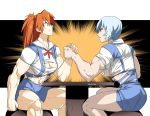  2girls abs arm_wrestling ayanami_rei blue_eyes blue_hair breasts cleavage commission eudetenis multiple_girls muscle muscular_female neon_genesis_evangelion orange_hair red_eyes school_uniform sitting soryu_asuka_langley torn_clothes wardrobe_malfunction 