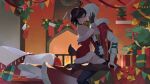  1boy 1girl antlers backless_dress backless_outfit bilingual_commentary black_choker black_gloves black_hair boots box brown_boots chinese_commentary choker christmas christmas_ornaments christmas_tree closed_eyes closed_mouth commentary_request commission couple crying dress english_commentary fake_antlers fireplace fur-trimmed_dress fur_trim gift gift_box gloves hetero high_heel_boots high_heels highres horns indoors kiss m1xedcongee8 mixed-language_commentary octopath_traveler octopath_traveler_ii red_dress reindeer_antlers second-party_source short_hair sitting streaming_tears tears temenos_mistral thigh_boots throne_anguis white_hair 