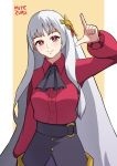  1girl ascot belt black_ascot closed_mouth collared_shirt fate/strange_fake fate_(series) fillia_(fate) hair_ornament high-waist_skirt highres long_hair long_sleeves looking_at_viewer mitezuru o-ring o-ring_belt puffy_long_sleeves puffy_sleeves red_eyes red_shirt shirt shirt_tucked_in simple_background skirt smile solo white_hair 