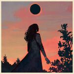  1girl analogous_colors black_hair black_sun border bracelet cloud cloudy_sky colorful_cloudy_sky dress earrings floral_print floral_print_dress from_behind jewelry jmfenner91 long_hair looking_up orange_clouds orange_outline orange_sky original outdoors outline pine_tree print_dress scenery sky solo standing star_(sky) star_(symbol) star_earrings starry_sky sun sunset three-quarter_sleeves tree warm_colored wavy_hair yellow_border 