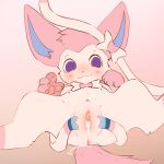 blush bodily_fluids cum cum_in_vagina cum_inside eeveelution female feral fur generation_6_pokemon genital_fluids genitals handpaw mammal nintendo nude paws pink_body pink_fur pokemon pokemon_(species) presenting presenting_vulva ribbons simple_background smile snoiifoxxo solo spiral spiral_eyes sylveon tail vulva white_body white_fur