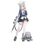  1girl absurdres animal_ears assault_rifle backpack bag black_bra blue_archive blue_necktie bra commentary_request cross_hair_ornament gun gun_on_back hair_ornament halo highres jacket magazine_(weapon) mismatched_pupils necktie partially_unbuttoned rifle school_uniform shiroko_(blue_archive) shirt shoes sig_556 skirt sneakers thighhighs thighs underwear user_pngk3235 weapon weapon_on_back white_background white_shirt wolf_ears 