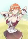  1girl absurdres arm_behind_back armpits arms_up bow bow_choker braid breasts choker cleavage collarbone commentary detached_sleeves earrings feather_earrings feathers german_clothes gradient_hair green_hair hand_on_own_face highres hololive hololive_english holomyth jewelry large_breasts long_hair multicolored_hair nurizza_ilst orange_hair pink_eyes red_skirt skirt smile takanashi_kiara teeth two-tone_hair virtual_youtuber 