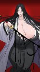  1girl 96_(marshviolet8) absurdres ass black_hair black_kimono bleach blood blood_on_weapon breasts cleavage commentary covered_nipples cowboy_shot drawing_sword half-closed_eyes hand_up haori highres holding holding_sword holding_weapon huge_breasts japanese_clothes katana kimono long_hair looking_at_viewer mature_female parted_bangs parted_lips red_background scar scar_on_chest shihakusho shinigami solo standing sternum_scar sword tight_clothes unohana_retsu weapon white_haori wide_sleeves 