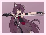  1girl animal_ear_fluff animal_ears arknights armband azamiberry bare_shoulders black_choker black_gloves black_vest cat_ears cat_girl cat_tail choker closed_mouth dress elbow_gloves english_commentary fingerless_gloves gloves highres holding holding_sword holding_weapon infection_monitor_(arknights) long_hair looking_at_viewer material_growth melantha_(arknights) oripathy_lesion_(arknights) purple_dress purple_eyes purple_hair red_vest single_elbow_glove sleeveless sleeveless_dress solo sword tail two-tone_vest vest weapon 