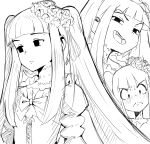  1girl blush closed_mouth commentary constricted_pupils dress empty_eyes english_commentary expressionless frown furudo_erika greyscale highres looking_at_viewer monochrome multiple_expressions multiple_views open_mouth optaku sidelocks simple_background smile smug twintails umineko_no_naku_koro_ni v-shaped_eyebrows white_background 