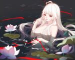  1girl ahoge artist_request bad_source breasts covered_nipples eine_lotta flower hair_over_breasts heart heart_ahoge highres indie_virtual_youtuber lily_(flower) lily_pad long_hair medium_breasts navel nude official_art patreon_banner pointy_ears red_eyes thighs virtual_youtuber water 
