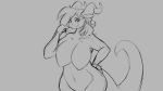  2018 absurd_res anthro big_breasts blush breasts digital_drawing_(artwork) digital_media_(artwork) dragon female greyscale hair hi_res horn looking_at_viewer monochrome navel non-mammal_breasts nude sketch smile solo standing voluptuous watsup 