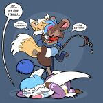 antennae_(anatomy) bat_wings bell bell_collar black_nose blue_hair blue_wings boots brown_body brown_fur buckteeth canid canine clothing collar comic dialogue erakir_(character) footwear fox fur hair hi_res ivalician_moogle khloe_prower mammal markings membrane_(anatomy) membranous_wings mouse mouse_tail murid murine nonbinary_(lore) pom_antennae red_collar red_nose rodent scarf shoes speech_bubble striped_markings stripes tail tail_wraps teeth tongue trevor-fox trevor-fox_(character) whisker_markings whiskers white_body white_fur wings wraps yellow_body yellow_fur