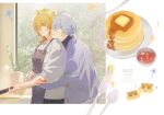  2boys alternate_costume antenna_hair arm_tattoo blonde_hair blue_eyes braid food from_side gradient_hair highres holding holding_knife honkai:_star_rail honkai_(series) hug hug_from_behind knife male_focus medium_hair multicolored_hair multiple_boys mydei_(fig_stew)_(honkai:_star_rail) mydei_(honkai:_star_rail) neck_tattoo pancake pancake_stack parted_bangs phainon_(honkai:_star_rail) phainon_(vigethos)_(honkai:_star_rail) pougummy profile red_hair red_tattoo short_hair side_braid sun_symbol sun_tattoo tattoo white_hair yaoi yellow_eyes 