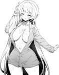  1girl alberto_di_giussano_(azur_lane) azur_lane azur_lane:_slow_ahead blush breasts closed_eyes collared_shirt commentary_request greyscale highres holding holding_towel hori_(hori_no_su) large_breasts long_hair monochrome navel parted_lips partially_unbuttoned shirt simple_background solo stomach sweat towel very_long_hair white_background 