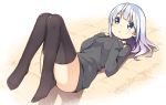  ass bangs black_sweater blue_eyes blush breasts brown_legwear commentary_request eyebrows_visible_through_hair full_body hands_up hatsunatsu long_hair long_sleeves lying medium_breasts no_shoes on_back original parted_lips silver_hair sleeves_past_wrists solo sweater thighhighs tile_floor tiles turtleneck turtleneck_sweater watermark web_address 