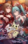  2girls aqua_eyes aqua_hair aqua_nails aqua_necktie aqua_trim black_skirt black_sleeves black_wrist_cuffs bone brown_eyes brown_hair caracoro character_name collared_shirt commentary_request cropped_jacket cubone detached_sleeves fingernails grey_shirt hatsune_miku headset heart highres jacket long_sleeves meiko_(vocaloid) mimikyu multiple_girls musical_note nail_polish necktie number_tattoo poke_ball poke_ball_(basic) pokemon pokemon_(creature) project_voltage red_jacket red_nails red_skirt shirt skirt sleeveless sleeveless_shirt smile sparkle tattoo twintails two-tone_wrist_cuffs vocaloid wrist_cuffs 