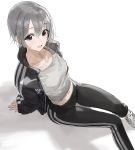  arm_support black_eyes blush collarbone commentary eyebrows_visible_through_hair grey_hair idolmaster idolmaster_cinderella_girls jacket looking_at_viewer mossi navel open_mouth open_track_jacket otokura_yuuki pants shadow shoes short_hair simple_background sitting smile sneakers solo sweat tank_top track_jacket track_pants white_background 