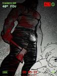  1boy 1other ambiguous_gender axe belt bulge commentary degrees_of_lewdity eden_(degrees_of_lewdity) english_commentary erection erection_under_clothes highres holding holding_axe muscular muscular_male pants player_character_(degrees_of_lewdity) scar scar_on_arm sweat tank_top viewfinder yetiwang1000 