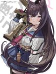  1girl animal_ears arm_up assault_rifle black_gloves black_thighhighs blue_archive blue_sailor_collar blue_skirt brown_hair closed_mouth commentary_request expressionless fox_ears fox_girl gloves gun h&amp;k_hk416 halo highres holding holding_gun holding_weapon long_hair long_sleeves looking_at_viewer machishita_atake multicolored_gloves neckerchief pink_gloves pink_neckerchief pleated_skirt red_eyes rifle sailor_collar school_uniform shirt skirt solo thighhighs thighs two-tone_gloves very_long_hair weapon white_shirt yukino_(blue_archive) 